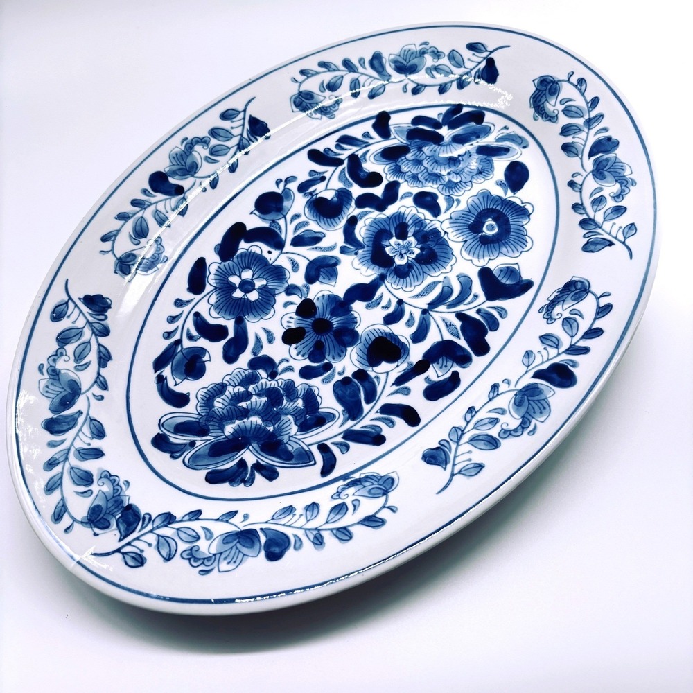 15.5 " Neiman Marcus Blue White Floral Chinoiserie Oval Platter Centrum Ceramics